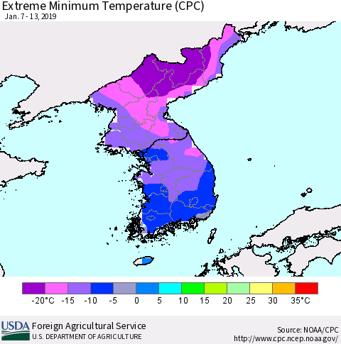 Korea Minimum Daily Temperature (CPC) Thematic Map For 1/7/2019 - 1/13/2019