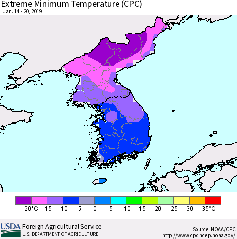 Korea Minimum Daily Temperature (CPC) Thematic Map For 1/14/2019 - 1/20/2019