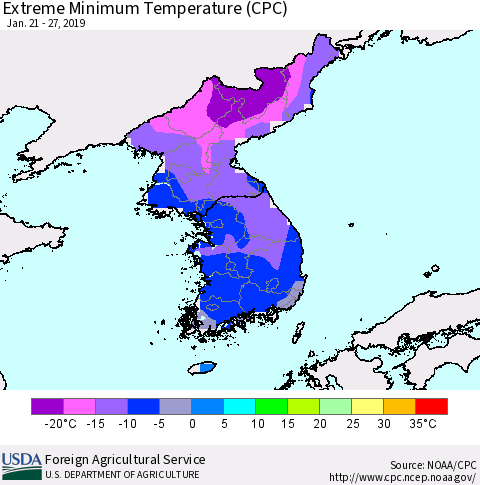 Korea Minimum Daily Temperature (CPC) Thematic Map For 1/21/2019 - 1/27/2019
