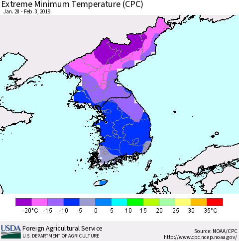 Korea Minimum Daily Temperature (CPC) Thematic Map For 1/28/2019 - 2/3/2019