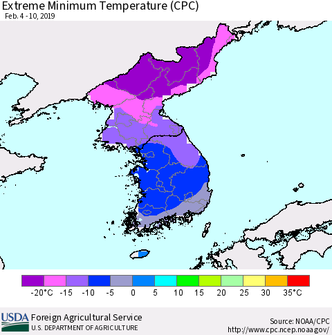 Korea Minimum Daily Temperature (CPC) Thematic Map For 2/4/2019 - 2/10/2019
