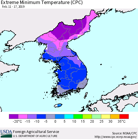 Korea Minimum Daily Temperature (CPC) Thematic Map For 2/11/2019 - 2/17/2019