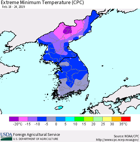 Korea Minimum Daily Temperature (CPC) Thematic Map For 2/18/2019 - 2/24/2019