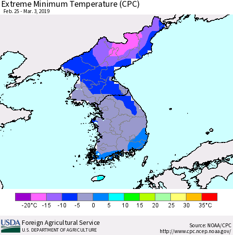 Korea Minimum Daily Temperature (CPC) Thematic Map For 2/25/2019 - 3/3/2019