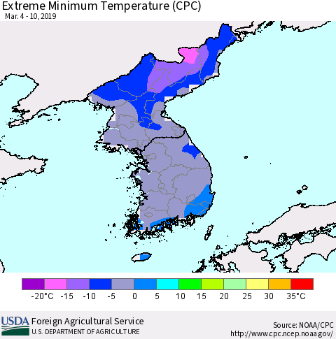 Korea Minimum Daily Temperature (CPC) Thematic Map For 3/4/2019 - 3/10/2019
