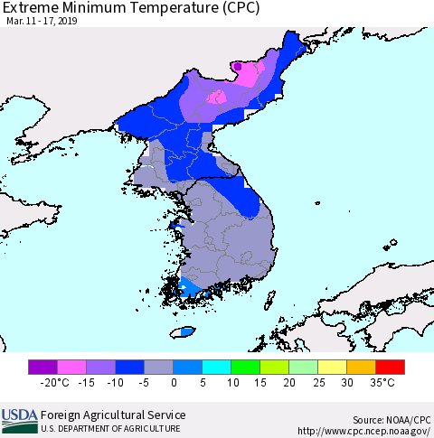 Korea Minimum Daily Temperature (CPC) Thematic Map For 3/11/2019 - 3/17/2019