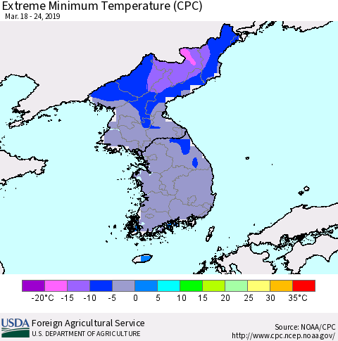 Korea Minimum Daily Temperature (CPC) Thematic Map For 3/18/2019 - 3/24/2019