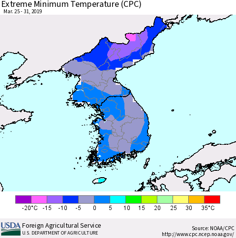 Korea Minimum Daily Temperature (CPC) Thematic Map For 3/25/2019 - 3/31/2019