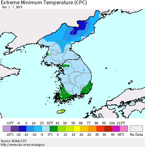 Korea Minimum Daily Temperature (CPC) Thematic Map For 4/1/2019 - 4/7/2019