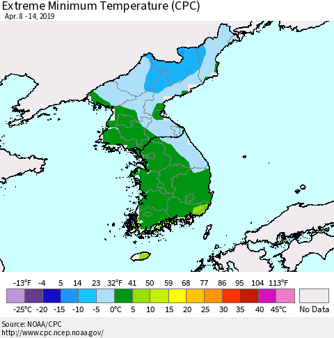 Korea Minimum Daily Temperature (CPC) Thematic Map For 4/8/2019 - 4/14/2019