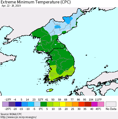 Korea Minimum Daily Temperature (CPC) Thematic Map For 4/22/2019 - 4/28/2019