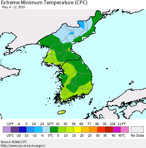 Korea Minimum Daily Temperature (CPC) Thematic Map For 5/6/2019 - 5/12/2019