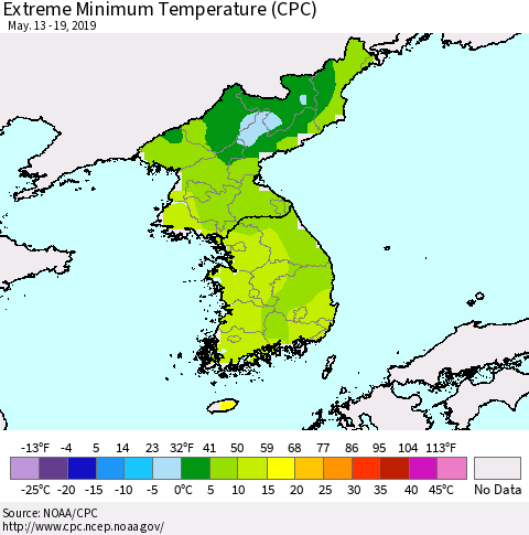 Korea Minimum Daily Temperature (CPC) Thematic Map For 5/13/2019 - 5/19/2019