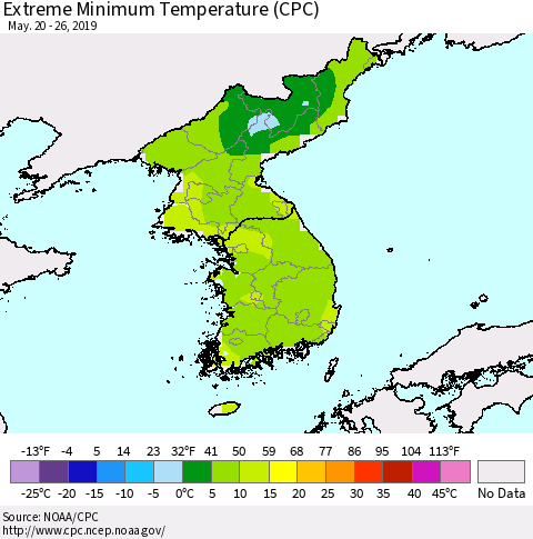 Korea Minimum Daily Temperature (CPC) Thematic Map For 5/20/2019 - 5/26/2019