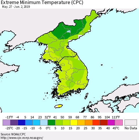 Korea Minimum Daily Temperature (CPC) Thematic Map For 5/27/2019 - 6/2/2019