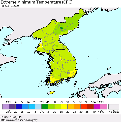 Korea Minimum Daily Temperature (CPC) Thematic Map For 6/3/2019 - 6/9/2019