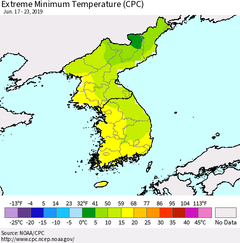 Korea Minimum Daily Temperature (CPC) Thematic Map For 6/17/2019 - 6/23/2019
