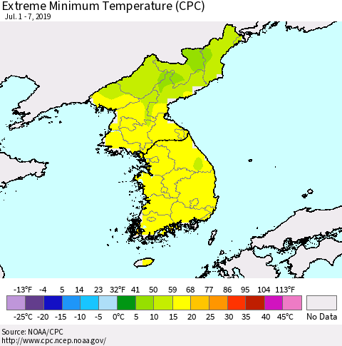 Korea Minimum Daily Temperature (CPC) Thematic Map For 7/1/2019 - 7/7/2019