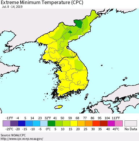 Korea Minimum Daily Temperature (CPC) Thematic Map For 7/8/2019 - 7/14/2019