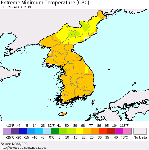 Korea Minimum Daily Temperature (CPC) Thematic Map For 7/29/2019 - 8/4/2019