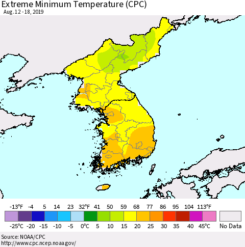 Korea Minimum Daily Temperature (CPC) Thematic Map For 8/12/2019 - 8/18/2019