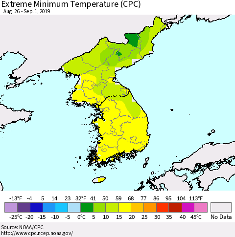 Korea Minimum Daily Temperature (CPC) Thematic Map For 8/26/2019 - 9/1/2019
