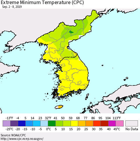 Korea Minimum Daily Temperature (CPC) Thematic Map For 9/2/2019 - 9/8/2019