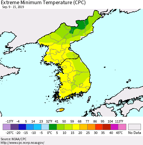 Korea Minimum Daily Temperature (CPC) Thematic Map For 9/9/2019 - 9/15/2019