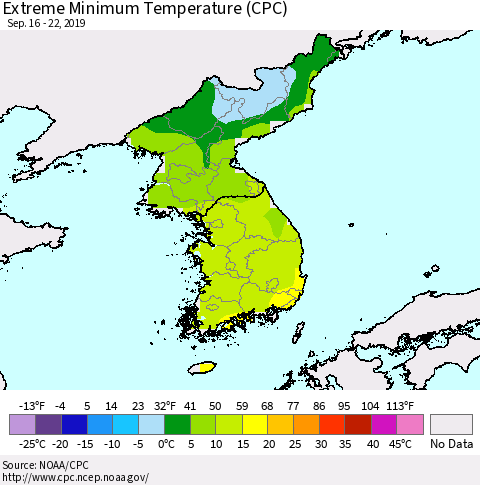 Korea Minimum Daily Temperature (CPC) Thematic Map For 9/16/2019 - 9/22/2019
