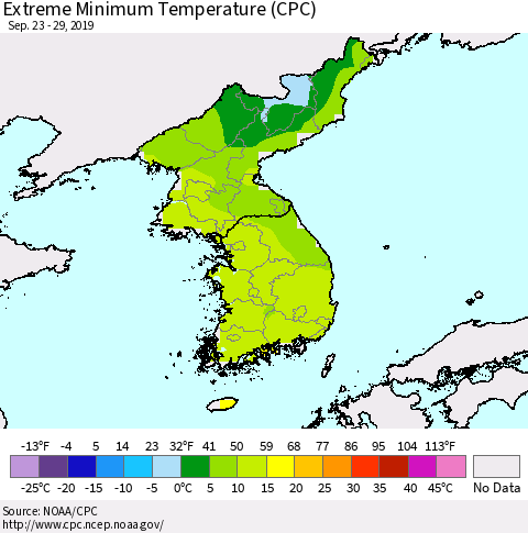 Korea Minimum Daily Temperature (CPC) Thematic Map For 9/23/2019 - 9/29/2019