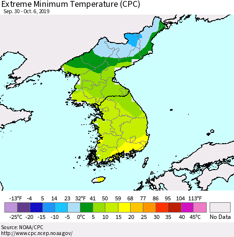 Korea Minimum Daily Temperature (CPC) Thematic Map For 9/30/2019 - 10/6/2019