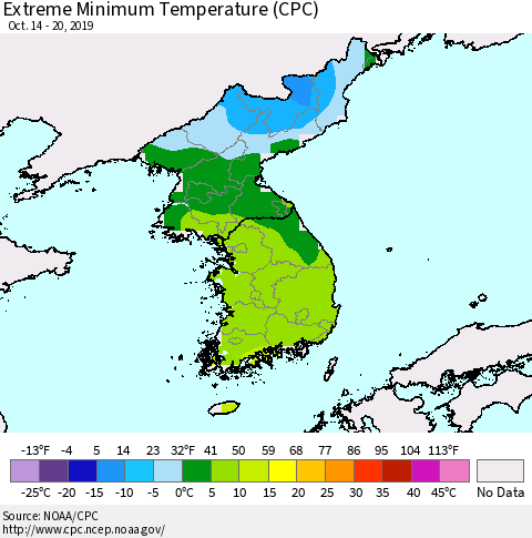 Korea Minimum Daily Temperature (CPC) Thematic Map For 10/14/2019 - 10/20/2019
