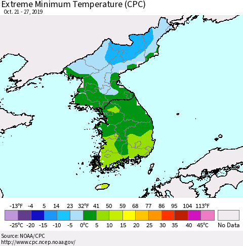 Korea Minimum Daily Temperature (CPC) Thematic Map For 10/21/2019 - 10/27/2019