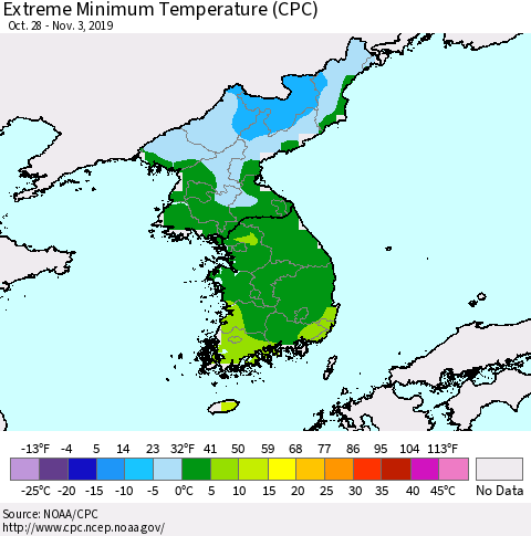 Korea Minimum Daily Temperature (CPC) Thematic Map For 10/28/2019 - 11/3/2019
