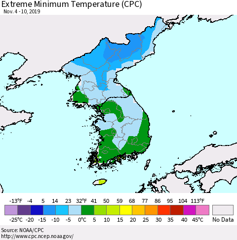 Korea Minimum Daily Temperature (CPC) Thematic Map For 11/4/2019 - 11/10/2019