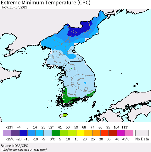 Korea Minimum Daily Temperature (CPC) Thematic Map For 11/11/2019 - 11/17/2019