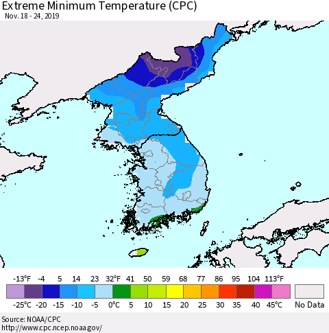 Korea Minimum Daily Temperature (CPC) Thematic Map For 11/18/2019 - 11/24/2019