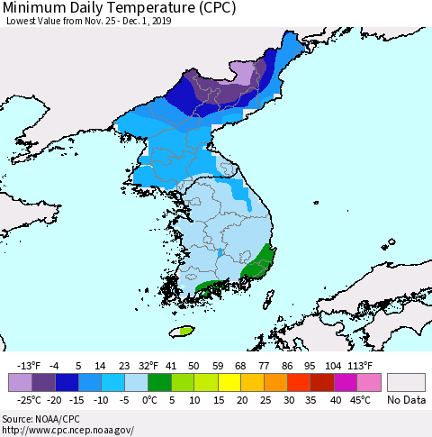 Korea Minimum Daily Temperature (CPC) Thematic Map For 11/25/2019 - 12/1/2019