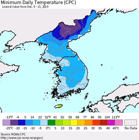 Korea Minimum Daily Temperature (CPC) Thematic Map For 12/9/2019 - 12/15/2019