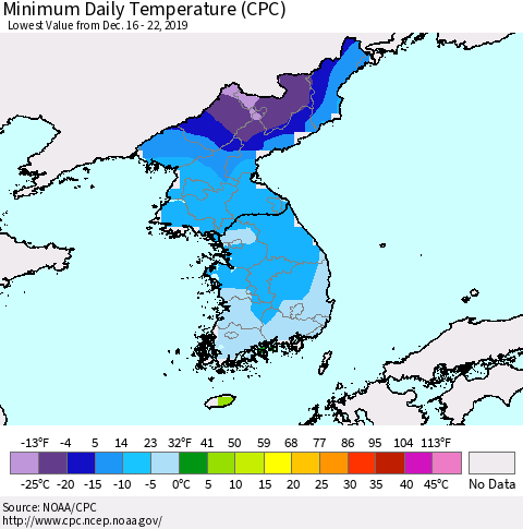 Korea Minimum Daily Temperature (CPC) Thematic Map For 12/16/2019 - 12/22/2019