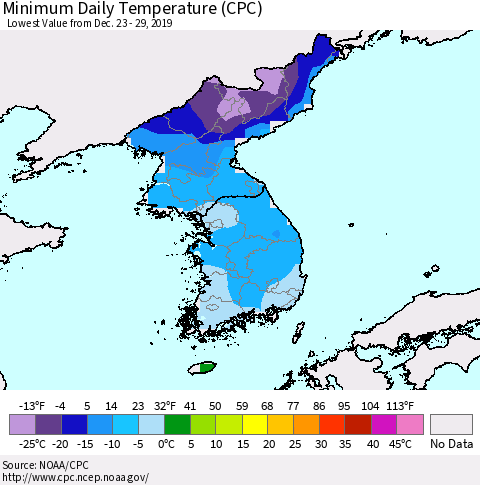 Korea Minimum Daily Temperature (CPC) Thematic Map For 12/23/2019 - 12/29/2019