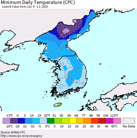 Korea Minimum Daily Temperature (CPC) Thematic Map For 1/6/2020 - 1/12/2020
