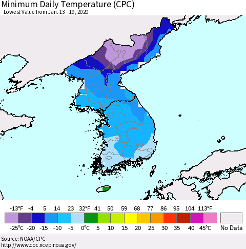 Korea Minimum Daily Temperature (CPC) Thematic Map For 1/13/2020 - 1/19/2020