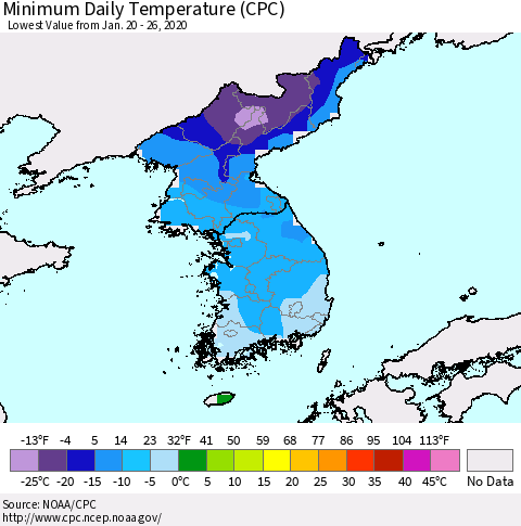 Korea Minimum Daily Temperature (CPC) Thematic Map For 1/20/2020 - 1/26/2020