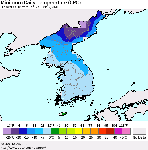 Korea Minimum Daily Temperature (CPC) Thematic Map For 1/27/2020 - 2/2/2020