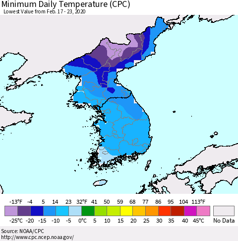Korea Minimum Daily Temperature (CPC) Thematic Map For 2/17/2020 - 2/23/2020