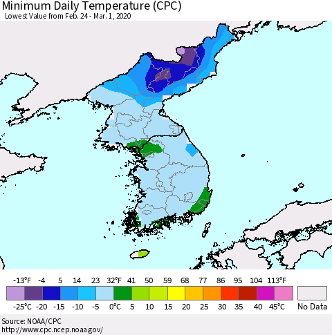 Korea Minimum Daily Temperature (CPC) Thematic Map For 2/24/2020 - 3/1/2020