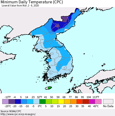 Korea Minimum Daily Temperature (CPC) Thematic Map For 3/2/2020 - 3/8/2020