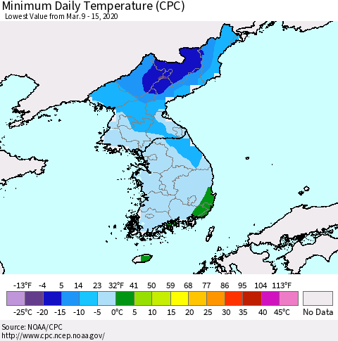 Korea Minimum Daily Temperature (CPC) Thematic Map For 3/9/2020 - 3/15/2020