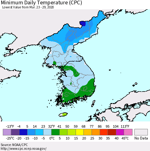 Korea Minimum Daily Temperature (CPC) Thematic Map For 3/23/2020 - 3/29/2020